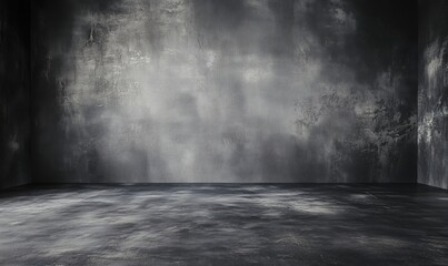 Wall Mural - Empty dark room with textured walls and floor, minimalistic design, shadows, and light reflections