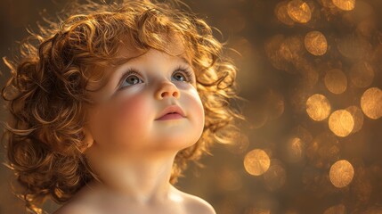 Poster - A little girl with curly hair looking up at the sky