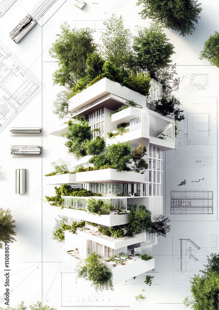 Architecture Moderne Avec V g tation Luxuriante Entour e De Plans D architecture-moderne-avec-v-g-tation-luxuriante-entour-e-de-plans-d