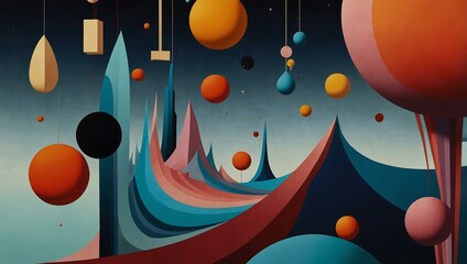 Wall Mural - Surrealist art with floating shapes and vibrant colors.