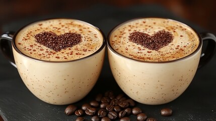 Two cups of coffee with a heart drawn on them