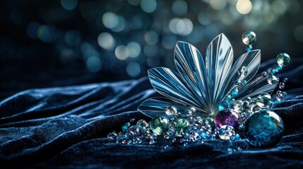 Aufkleber - Creative macro view reflective glass beads in fan design on luxurious fabric in artistic indoor setting