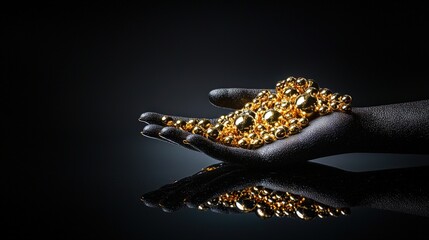Poster - Artistic display of gold beads in hand silhouette studio photography dark background close-up luxury aesthetic