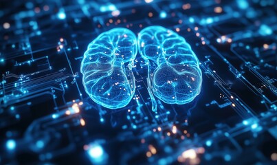 Poster - Digital brain representation with circuitry background, glowing neural connections, futuristic technology concept