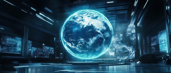 Poster - Futuristic room with a glowing Earth hologram