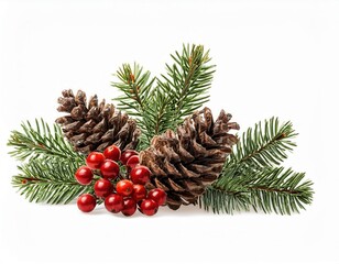 Poster - Festive Christmas Decoration with Pinecone, Evergreen Spruce Branches, and Vibrant Red Berries Isolated on White Background. Perfect for Holiday Cards, Seasonal Designs, and Winter Themed Projects