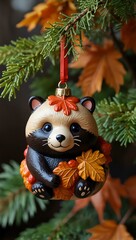 Wall Mural - Tanuki ornament with autumn leaves.