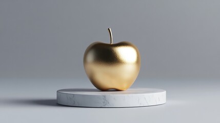 Poster - Golden Apple on Marble Stand with Minimalist Background, Gradients, and Soft Light Reflecting Creating a Luxurious and Elegant Theme for Design or Art Concepts