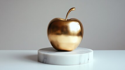 Poster - Stunning Golden Apple Sculpture on Marble Base, Ideal for Interior Design Inspiration, Modern Art Decor, or Elegant Home Accessories Display