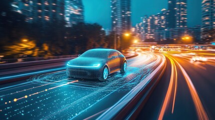 Poster - Futuristic car in a vibrant urban setting at night