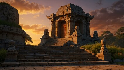 Wall Mural - Temple at sunset, peaceful atmosphere with steps leading up.