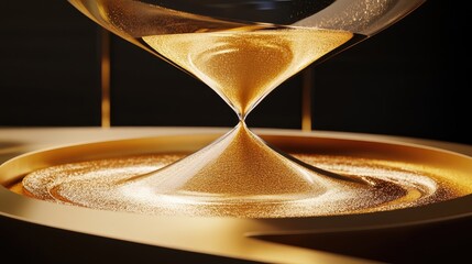 Poster - Mesmerizing Close-up of Glimmering Liquid Flowing Smoothly in an Hourglass, Capturing the Essence of Time with a Wavy Golden Texture and Soft Light Reflection