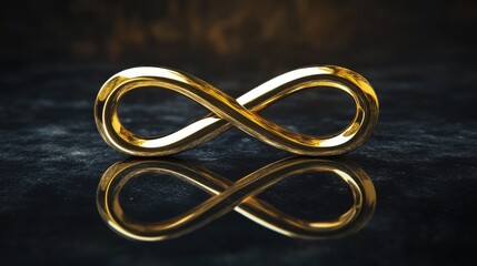 Poster - Elegant Gold Infinity Symbol on Dark Background, Symbolizing Timelessness, Perpetuity, and Endless Possibilities with Reflective Surface for Artistic Purposes