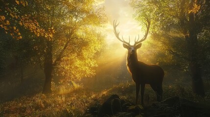 Poster -  a deer standing in the middle of a forest at sunset, surrounded by lush green grass and tall trees The sky is a beautiful mix of oranges, pinks, and purples, and t