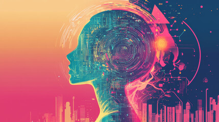 Wall Mural - AI controls smart city infrastructure. Artificial intelligence analyze big data urban systems. Abstract cybernetics silhouette head woman with neural network brain in cyberspace. Futuristic concept.