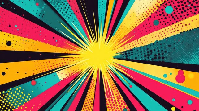 Retro comic-style background with halftone dots, vibrant colors, and dynamic action lines for an eye-catching design