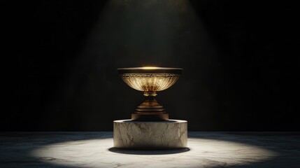 Poster - Illuminated Golden Bowl on Marble Pedestal in Dramatic Lighting Showcased Against Dark Background for Elegant and Luxurious Atmosphere in Stock Photography