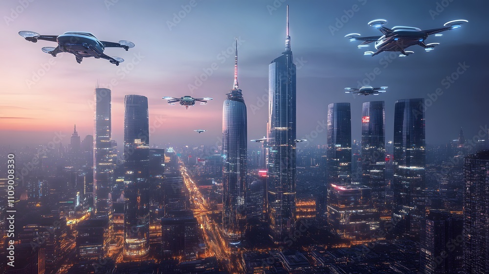 A futuristic city skyline with towering glass buildings, neon lights ...