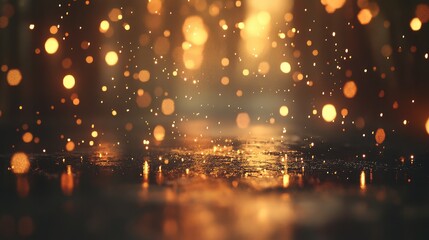 Poster - Captivating Golden Bokeh Background with Sparkling Lights and Glowing Reflections on a Dark Surface for a Magical Atmosphere