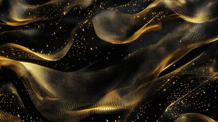 Poster - Elegant Gold Flowing Fabric Texture on Black Background with Sparkling Particles Capturing Light in a Dramatic and Luxurious Fashion