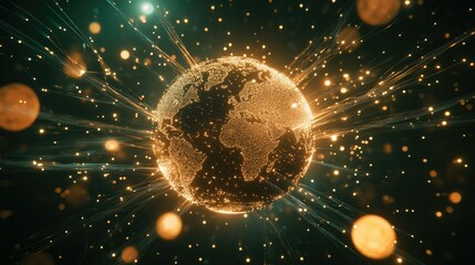 Aufkleber - A digital art depiction of global connectivity, showing a glowing globe surrounded by floating data lines and network nodes.