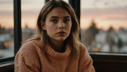 Wall Mural - Thoughtful girl staring out a window wrapped in a peach sweater.