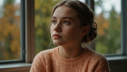 Wall Mural - Thoughtful girl staring out a window wrapped in a peach sweater.