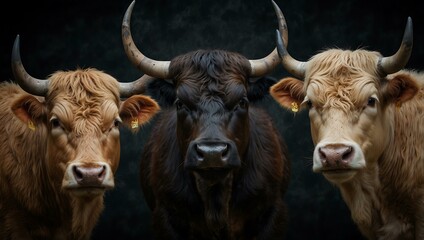 Wall Mural - Three bull heads, each with different expressions, on a dark background.