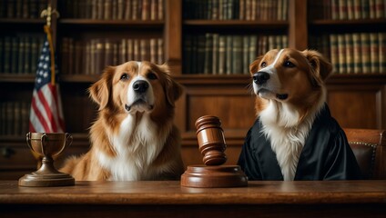 Wall Mural - Three dogs watching a judge’s gavel, representing justice.