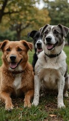 Wall Mural - Three dogs sitting happily together in a park.