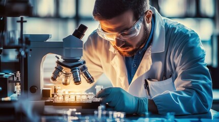 Poster - Scientist examining samples under a microscope in a lab
