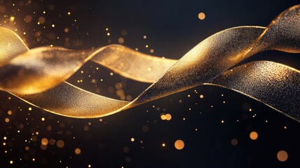 Poster - Elegant golden ribbons gracefully flow through a dark backdrop filled with shimmering bokeh lights, creating a magical and ethereal atmosphere suitable for various creative projects.