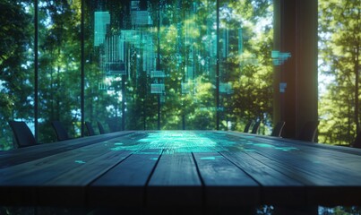 Poster - Digital data visualization above wooden table, modern conference room, nature background