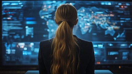 Aufkleber - Woman viewing global data on a large screen.