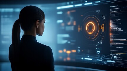 Poster - Woman viewing futuristic interface.