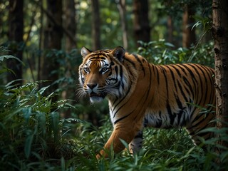 Wall Mural - Tiger lurking in dense, wild forest.