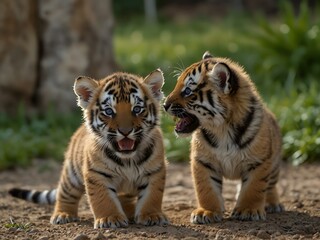 Wall Mural - Tiger puppies playing outdoors.