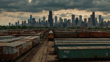 Wall Mural - Time-lapse of Chicago skyline and train yard with clouds.