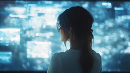 Poster - Woman observing futuristic data on a large screen.