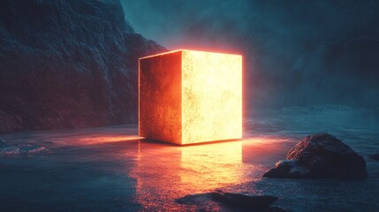 Poster - A cube is lit up in a dark, rocky area