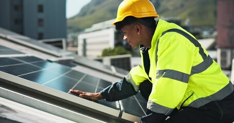 Poster - Solar panel, inspection and man on roof with clean energy grid, sustainable power system and outdoor service. Photovoltaic site, electrician or technician with maintenance for renewable electricity