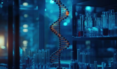 Poster - DNA double helix structure in laboratory setting, illuminated by blue light, surrounded by glass test tubes and flasks, showcasing scientific research