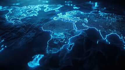 Poster - A blue 3D world map with illuminated continents and country borders, creating a futuristic and dynamic look. Ideal for presentations or tech-focused visuals.