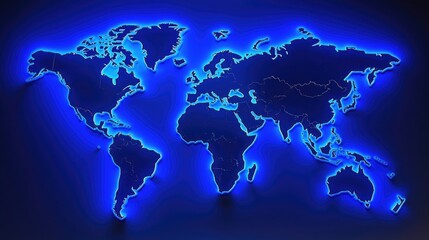 Poster - A blue 3D world map with illuminated continents and country borders, creating a futuristic and dynamic look. Ideal for presentations or tech-focused visuals.