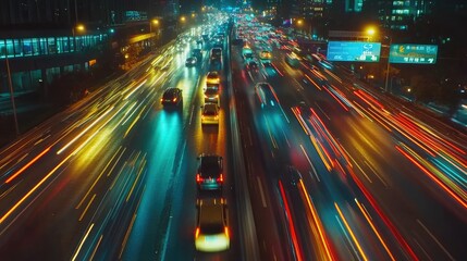 Poster - A busy highway at night, with streaks of colorful lights and cars in motion, capturing the energy and rhythm of a bustling city street
