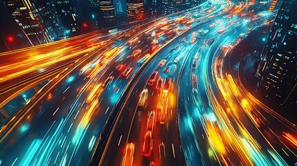 Aufkleber - A busy urban highway with flowing traffic at night, colorful lights creating streaks of motion and energy in the city