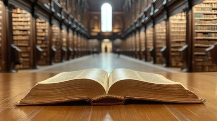 Poster - A close-up of an open book on a wooden desk in a historic library interior, with rows of ancient books and soft lighting creating a nostalgic atmosphere x