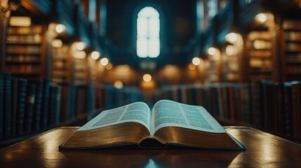 Poster - A close-up of an open book on a wooden desk in a historic library interior, with rows of ancient books and soft lighting creating a nostalgic atmosphere x