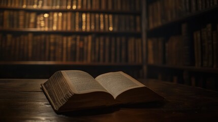 Poster - A close-up of an open book on a wooden desk in a historic library interior, with rows of ancient books and soft lighting creating a nostalgic atmosphere x