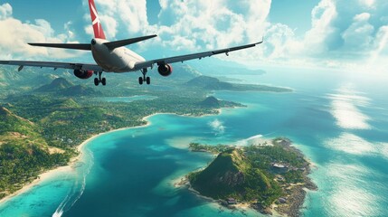 Poster - A commercial airplane flying high over a vibrant tropical island with turquoise seas, surrounded by clear skies and exotic palm trees